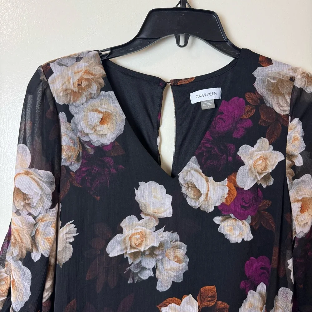 Calvin Klein V-Neck 3/4 Sleeve Crinkled Chiffon Floral Shift Dress Size 8 - Picture 3 of 7
